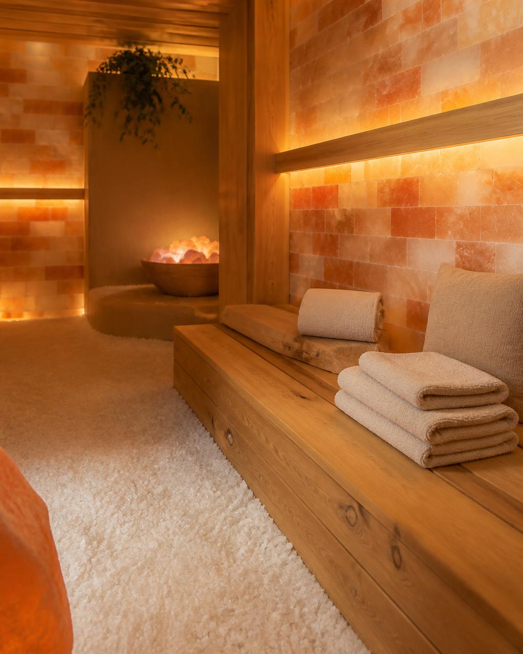 Warm salt therapy room interior at Salt on Main Wellness Center